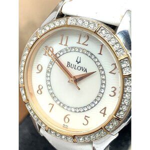 Bulova Women's Watch 98L182 Quartz Mother of Pearl Dial Gemmed White Lea…